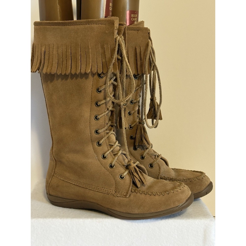 L L Bean Suede Leather Tan Tassel Fringe Sheepskin Lined Winter Boots Size 7 M
